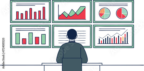 A lone analyst observes a wall of six digital screens displaying various financial charts and graphs representing data analysis and business intelligence in a modern office setting