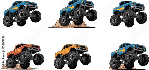 Monster truck vector set, cartoon off-road vehicles, flame decals, dirt mound stunts, oversized tires, racing clipart, editable automotive illustration pack