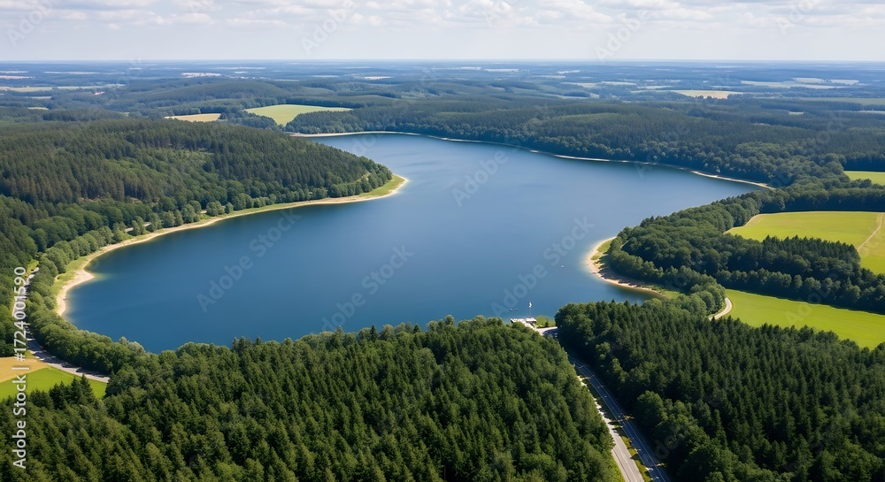 Obraz premium Aerial view of a serene lake surrounded by lush green forests and fields