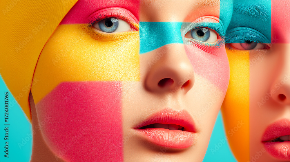 Obraz premium young woman with colorful cubes portrait of a girl with a colorful art Abstract geometric shapes art face fashion