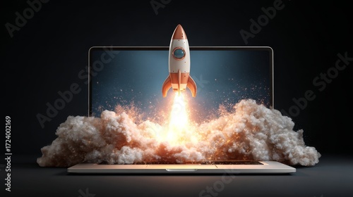 Innovative digital launch rocket shooting from laptop screen in a tech environment
