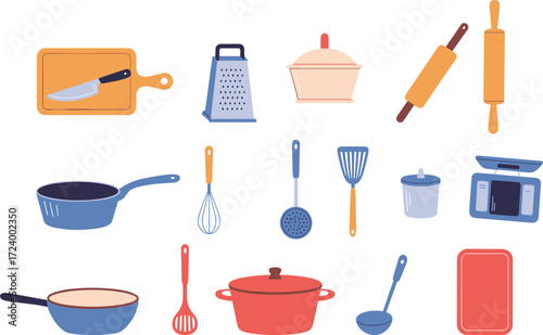 Kitchen utensils, cookware, rolling pins, cutting boards, frying pan, Dutch oven, whisk, spatula, kitchen scale, cooking tools, culinary equipment, baking gear