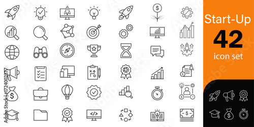 Icon set for start-up | Thin line editable icon set for web, development, presentation | 42 black stroke icons on white  vector illustration