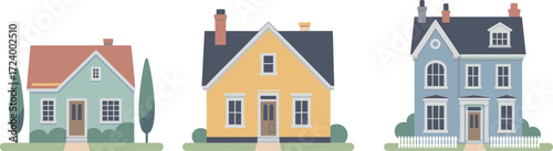 Residential houses, architectural styles, colorful homes, gabled roofs, picket fence, urban housing, family dwellings, exterior design, neighborhood scene, home illustration