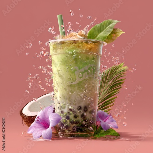 Refreshing green tea matcha coconut drink tropical paradise beverage art vibrant setting close-up health concept