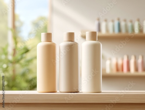 Elegant matte beige and cream plastic bottles on wooden shelf modern aesthetic natural light minimalist design