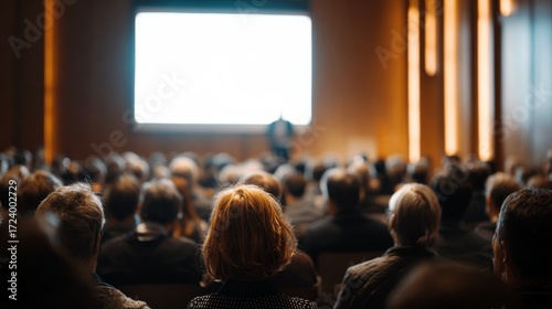 Engaging audience in modern conference hall business event presentation setting professional environment attentive viewpoint collaboration concept