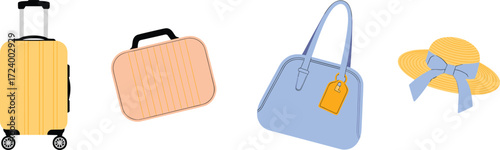 A colorful vector collection of essential travel accessories: yellow rolling suitcase, pink luggage, blue handbag, and a straw sun hat