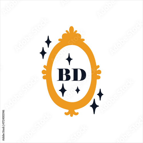 Bd monogram in golden oval mirror with sparkling star accents