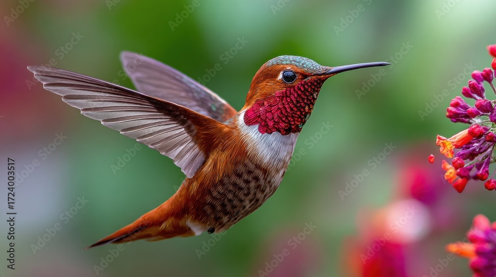 Fototapeta premium Hummingbird in flight, feeding on flower