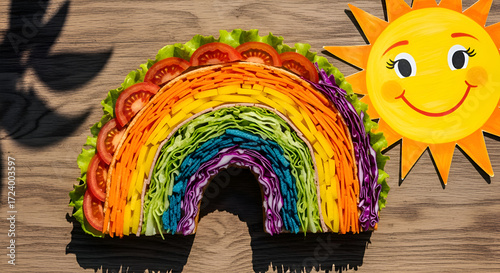 Colorful Vegetable Rainbow and Smiling Sun Concept on a Wooden Surface