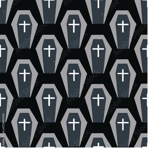Gothic coffin pattern design in black and gray for textiles and Halloween 