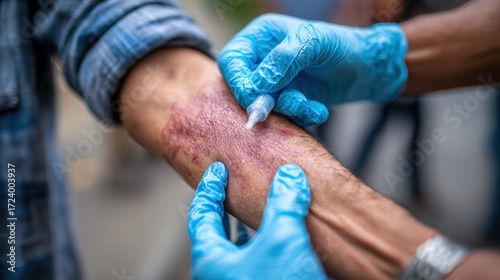 Medical professional treating a burn injury on a patient's arm