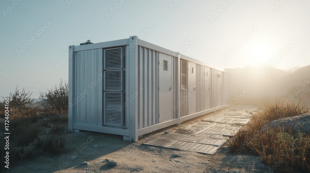Fototapeta premium Modern shipping container in desert landscape during sunset glow
