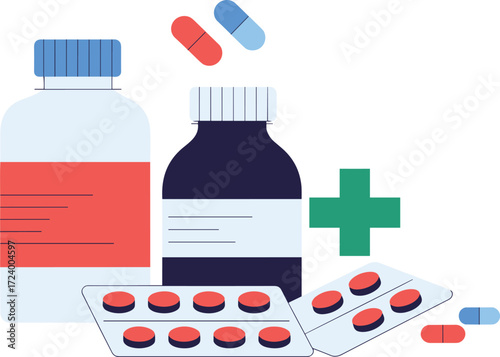 Medical and Pharmaceutical Products: Illustration of Various Pills, Capsules, and Medicine Bottles for Healthcare, Wellness, and Pharmacy Advertisements.