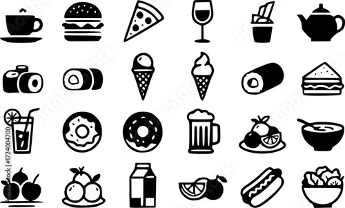 Hand-drawn vector icons set for food and drink including coffee, tea, and pizza, perfect for restaurant kitchen menus and designs.