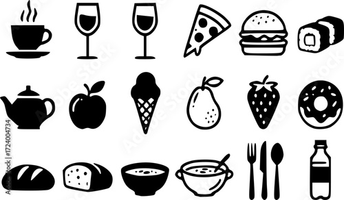 Hand-drawn vector icons set for food and drink including coffee, tea, and pizza, perfect for restaurant kitchen menus and designs.