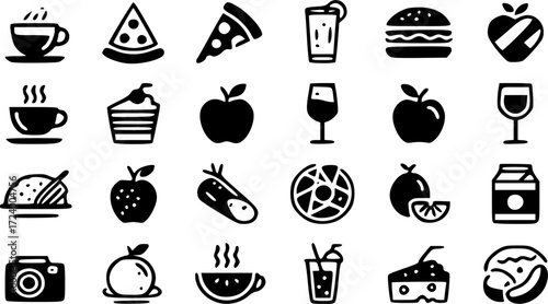 Hand-drawn vector icons set for food and drink including coffee, tea, and pizza, perfect for restaurant kitchen menus and designs.