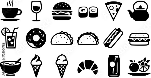 Hand-drawn vector icons set for food and drink including coffee, tea, and pizza, perfect for restaurant kitchen menus and designs.