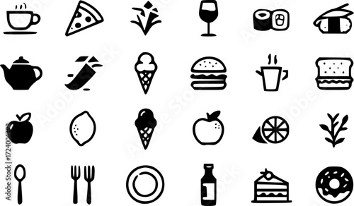 Hand-drawn vector icons set for food and drink including coffee, tea, and pizza, perfect for restaurant kitchen menus and designs.