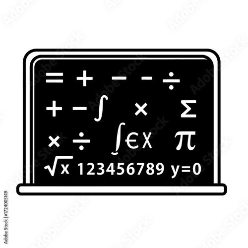 Blackboard with mathematical symbols and numbers.