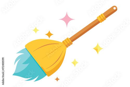 Stylized broom with gold handle sweeps amidst sparkling stars, emitting a clean effect