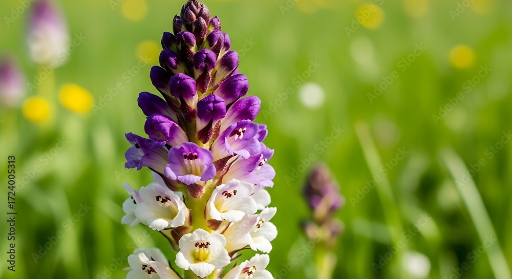 Fototapeta premium Close-up view of blooming broomrape flower with purple and white petals