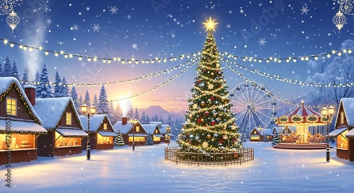 Charming winter wonderland scene with christmas market and decorated tree