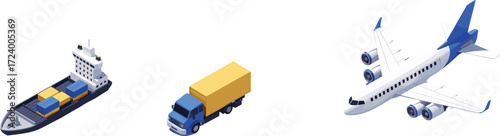 Cargo transport illustration, airplane, ship, truck icons, logistics concept art, global delivery system, isometric design, freight vehicles, supply chain