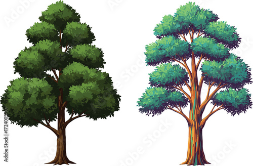 Conical Green Tree and Vibrant Multicolor Tree Side by Side for Nature, Botany, Landscape Design, Seasonal Contrast, and Artistic Themes