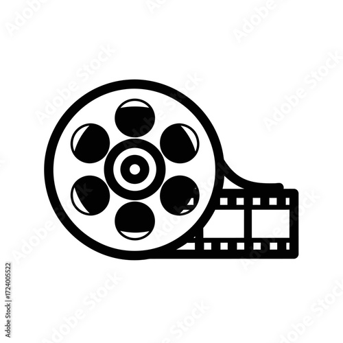 Film reel and film strip icon, classic cinema symbol.