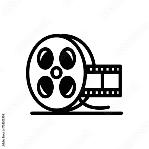 Film reel and film strip icon, black and white.