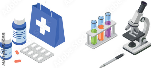 Medical and science items, healthcare illustration, medicine bottles, pills, test tubes, microscope, lab tools, pharmaceutical concept, clinical research design