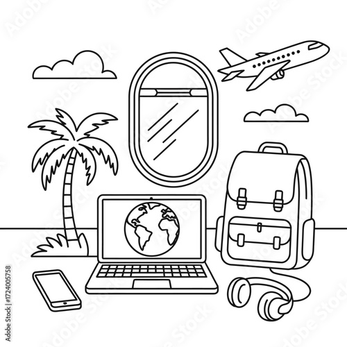 Line art illustration of a digital nomad working remotely with a laptop