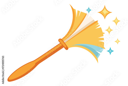 A yellow feather duster is surrounded by sparkling yellow and blue stars on white