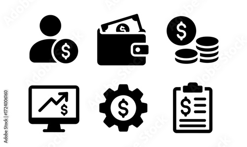 Personal finance icon set featuring wallet, coins, and financial growth symbols for business design
