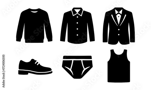 Minimalist clothing set featuring sweater, dress shirt, suit jacket, shoe, briefs, and tank top for design projects