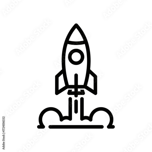 Line art illustration of a rocket launching.
