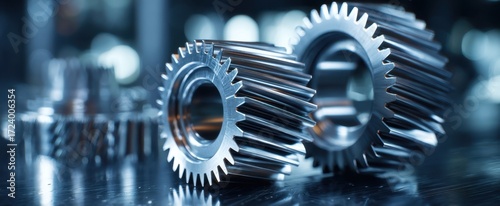 The Gears Shining on a Reflective Surface Representing Precision Industrial Engineering and Technology