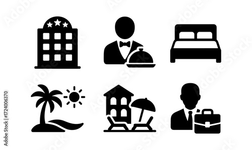 Hotel services icons: hospitality, travel, and leisure for design projects