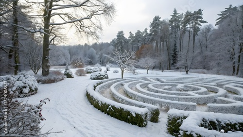 Snow-covered maze in the forest