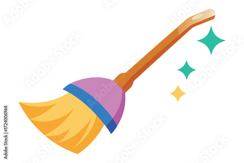 Cartoon broom with brown handle and yellow bristles cleaning leaving green sparkles