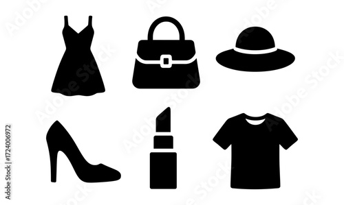 Elegant fashion accessory set: dress, handbag, hat, heels, lipstick, and t-shirt icons for design
