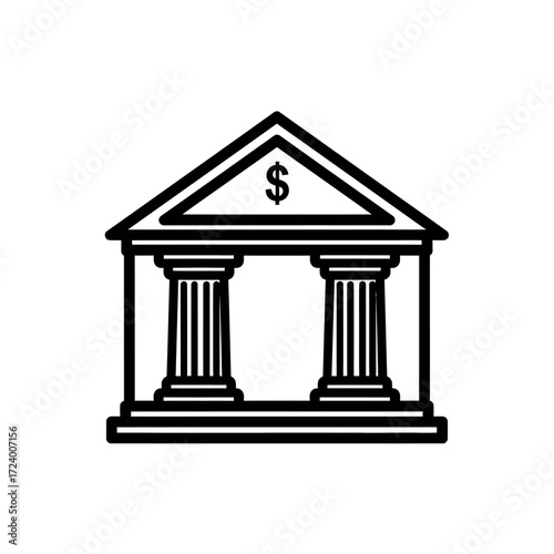 Line art illustration of a classical bank building.