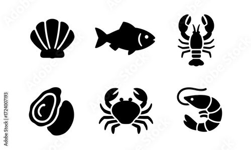 Seafood icons collection for menu design and food packaging