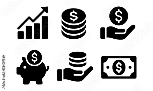 Finance icons collection featuring growth symbol, dollar coins, and savings concepts for digital use