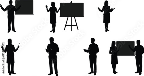 Silhouette business people presenting with boards, teaching, training, education, corporate meeting, teamwork, communication, leadership, professional presentation, vector illustration