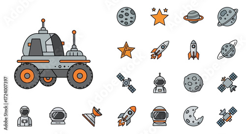 Space rover exploration vehicle on alien planet.
