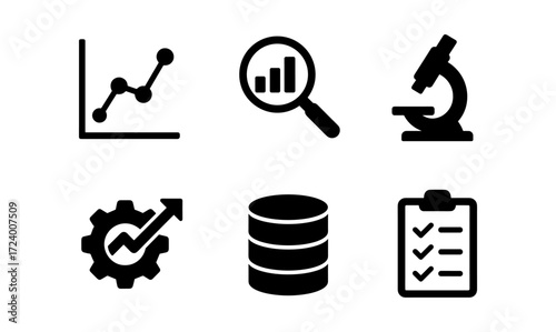 Analytical icons collection: data analysis, research, and management tools