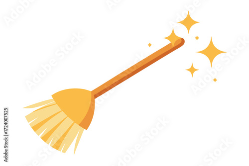 Yellow broom with star sparkles shines brightly against a clean white background